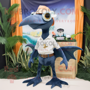Navy Pterodactyl mascot costume character dressed with a Shorts and Earrings