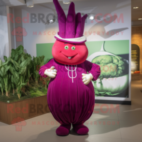 Magenta Turnip mascot costume character dressed with a Dress Pants and Headbands