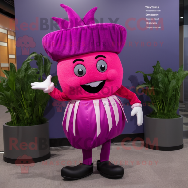 Magenta Turnip mascot costume character dressed with a Dress Pants and Headbands Magenta Turnip mascot costume character dressed with a Dress Pants and Headbands