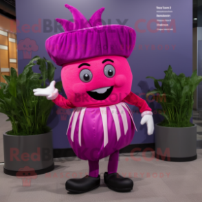 Magenta Turnip mascot costume character dressed with a Dress Pants and Headbands