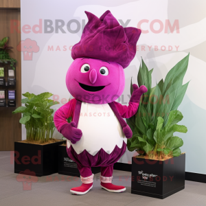 Magenta Turnip mascot costume character dressed with a Dress Pants and Headbands