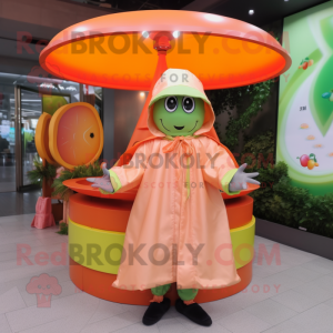 Peach Plate Spinner mascot costume character dressed with a Raincoat and Shawls