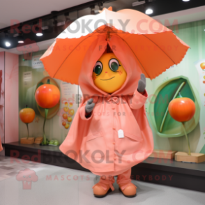 Peach Plate Spinner mascot costume character dressed with a Raincoat and Shawls