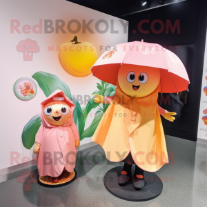 Peach Plate Spinner mascot costume character dressed with a Raincoat and Shawls