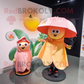 Peach Plate Spinner mascot costume character dressed with a Raincoat and Shawls
