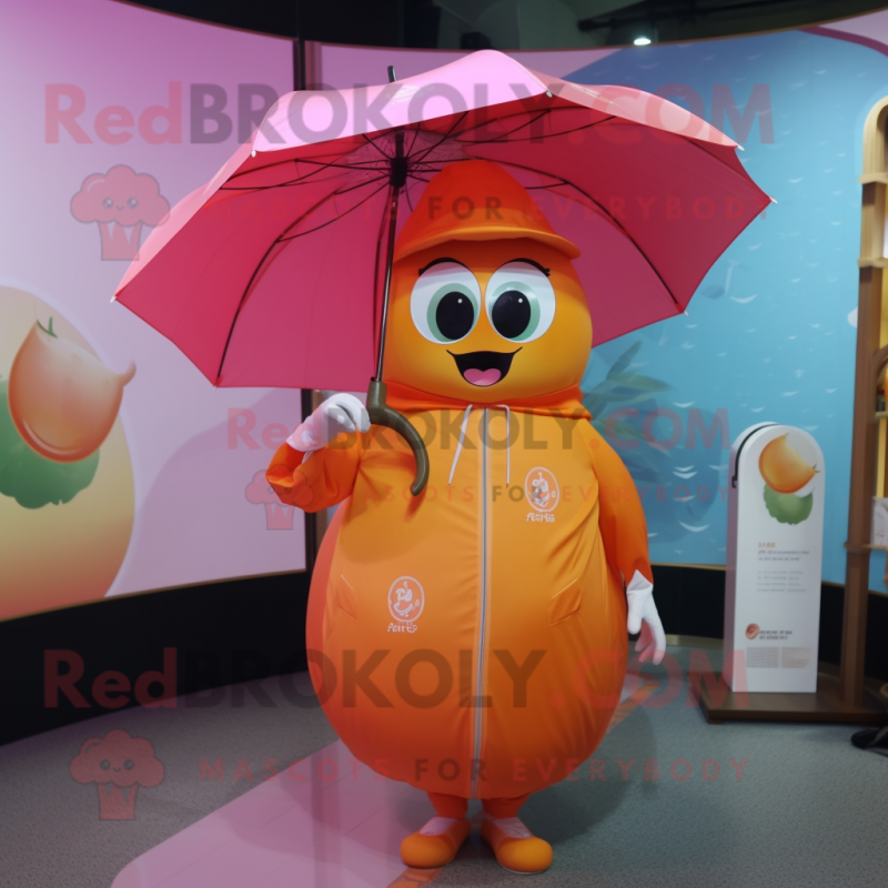 Peach Plate Spinner mascot costume character dressed with a Raincoat and Shawls