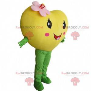 Mascote gigante de coração amarelo, fantasia romântica e