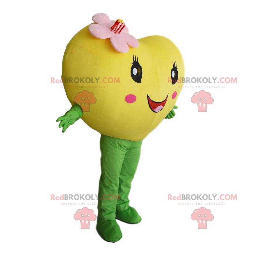 Mascote gigante de coração amarelo, fantasia romântica e