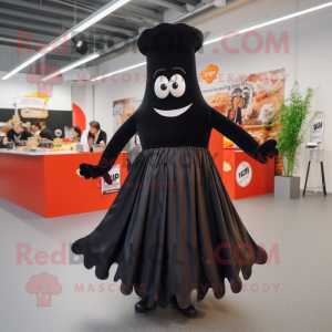 Black Currywurst mascot costume character dressed with a Maxi Skirt and Shoe laces