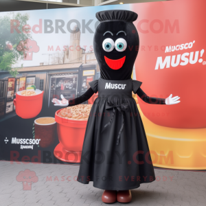 Black Currywurst mascot costume character dressed with a Maxi Skirt and Shoe laces