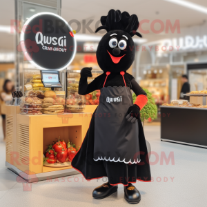 Black Currywurst mascot costume character dressed with a Maxi Skirt and Shoe laces