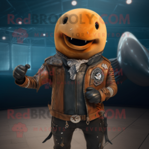 Rust Narwhal mascot costume character dressed with a Biker Jacket and Lapel pins