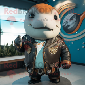 Rust Narwhal mascot costume character dressed with a Biker Jacket and Lapel pins