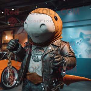 Rust Narwhal mascot costume character dressed with a Biker Jacket and Lapel pins