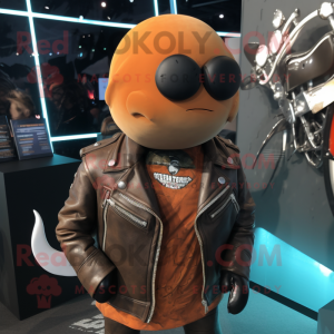 Rust Narwhal mascot costume character dressed with a Biker Jacket and Lapel pins
