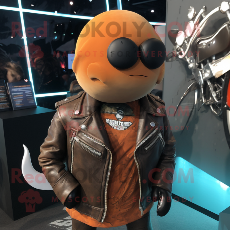 Rust Narwhal mascot costume character dressed with a Biker Jacket and Lapel pins Rust Narwhal mascot costume character dressed with a Biker Jacket and Lapel pins