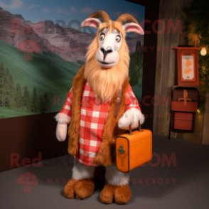 Peach Boer Goat mascot costume character dressed with a Flannel Shirt and Clutch bags