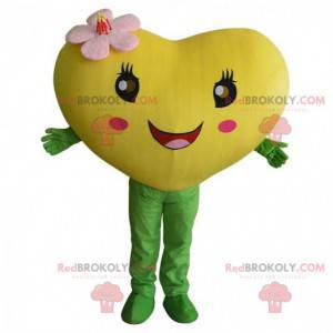Mascotte de cœur jaune géant, costume romantique et fleuri -