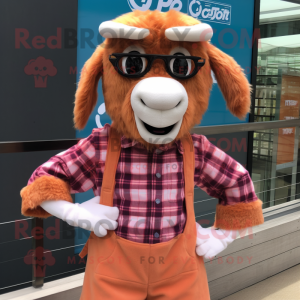 Peach Boer Goat mascot costume character dressed with a Flannel Shirt and Clutch bags