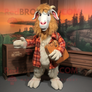 Peach Boer Goat mascot costume character dressed with a Flannel Shirt and Clutch bags