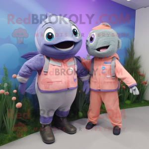 Lavender Salmon mascot costume character dressed with a Overalls and Smartwatches