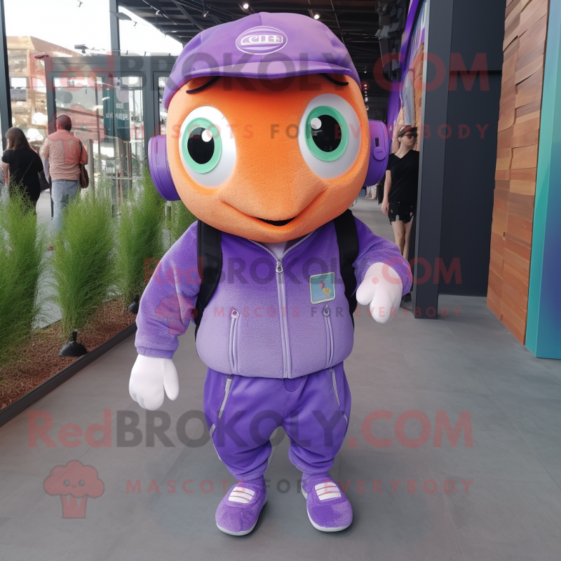 Lavender Salmon mascot costume character dressed with a Overalls and Smartwatches