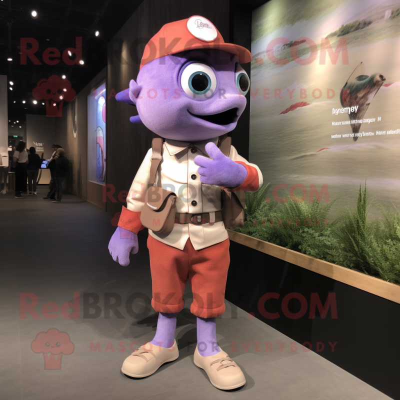 Lavender Salmon mascot costume character dressed with a Overalls and Smartwatches