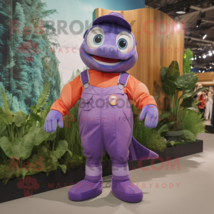 Lavender Salmon mascot costume character dressed with a Overalls and Smartwatches