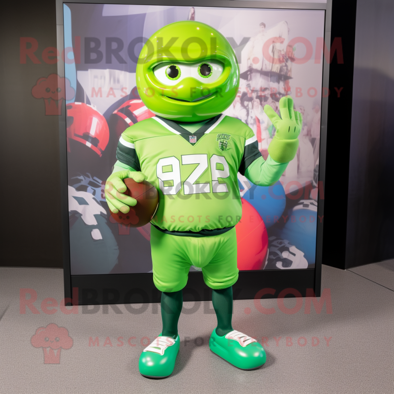 Lime Green American Football Helmet mascot costume character dressed with a Sweatshirt and Gloves