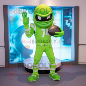 Lime Green American Football Helmet mascot costume character dressed with a Sweatshirt and Gloves