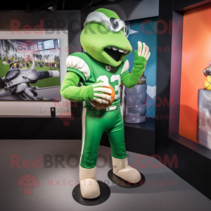 Lime Green American Football Helmet mascot costume character dressed with a Sweatshirt and Gloves