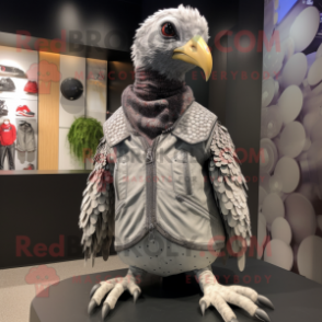 Gray Guinea Fowl mascot costume character dressed with a Moto Jacket and Shoe laces