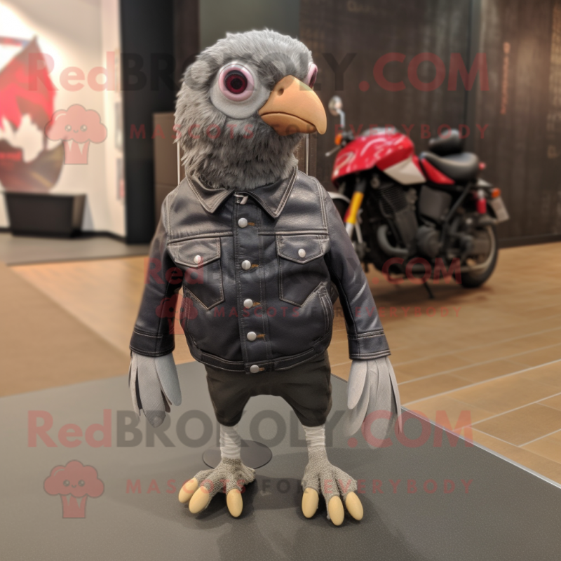 Gray Guinea Fowl mascot costume character dressed with a Moto Jacket and Shoe laces