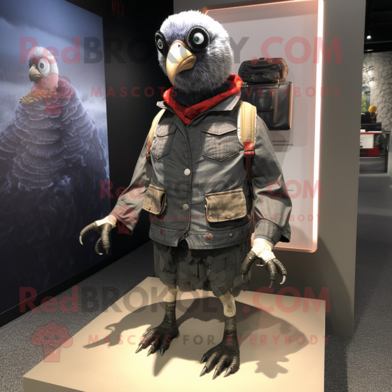 Gray Guinea Fowl mascot costume character dressed with a Moto Jacket and Shoe laces