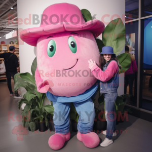 Pink Zucchini mascot costume character dressed with a Boyfriend Jeans and Hats