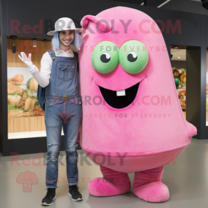 Pink Zucchini mascot costume character dressed with a Boyfriend Jeans and Hats