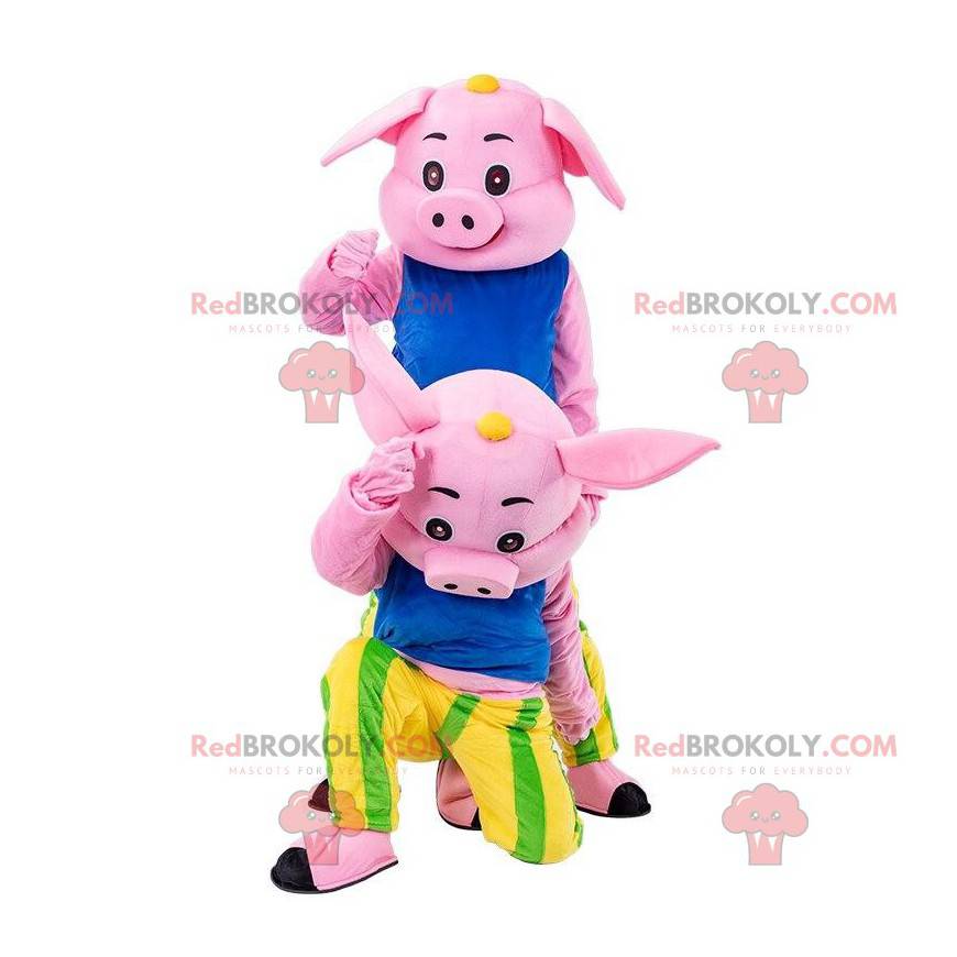 2 różowe maskotki świni, kolorowe kostiumy świni -
