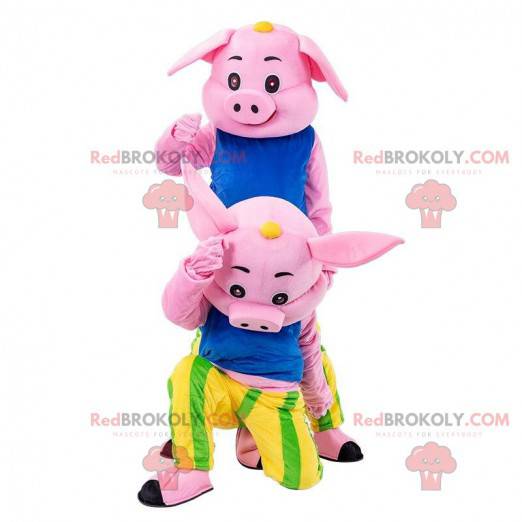 2 roze varkensmascottes, kleurrijke varkenskostuums -