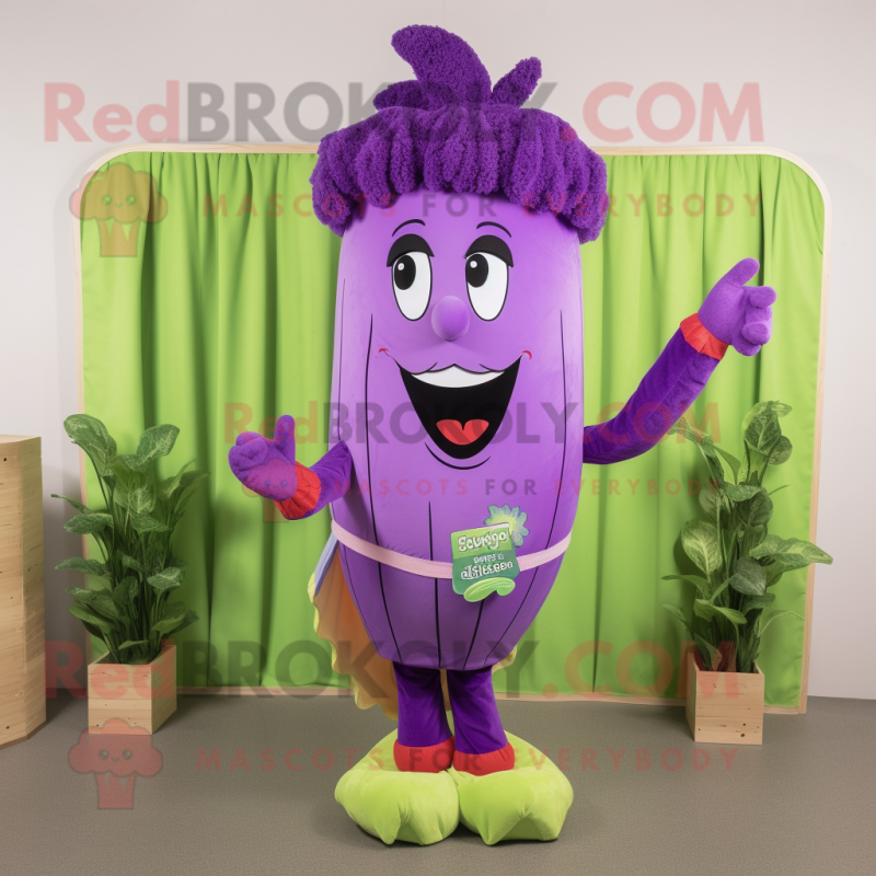 Purple Celery mascot costume character dressed with a Bikini and Shoe clips