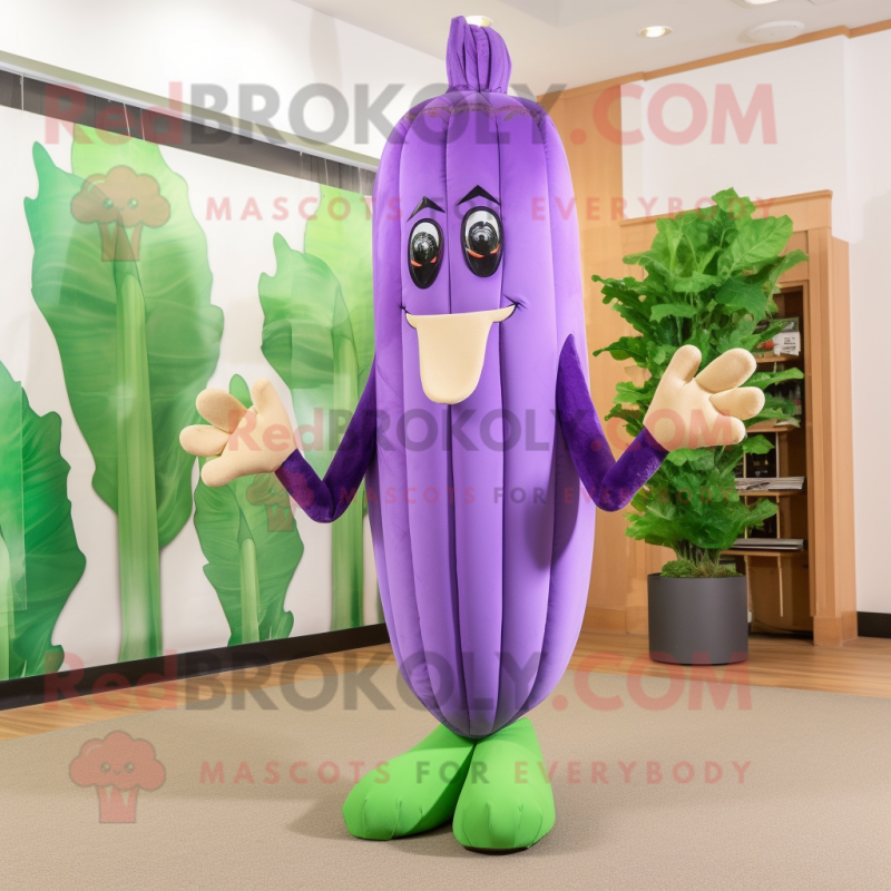 Purple Celery mascot costume character dressed with a Bikini and Shoe clips