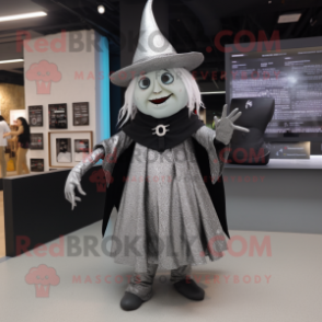 Silver Witch mascot costume character dressed with a Mini Skirt and Hat pins