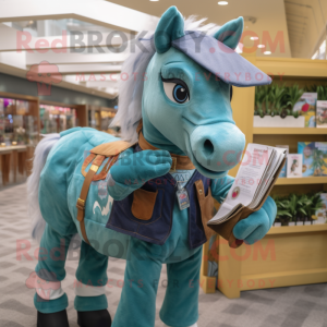 Teal Horse mascot costume character dressed with a Chambray Shirt and Wallets