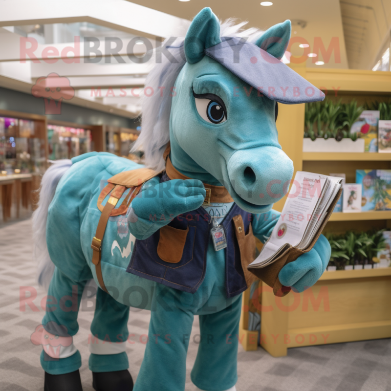 Teal Horse mascot costume character dressed with a Chambray Shirt and Wallets Teal Horse mascot costume character dressed with a Chambray Shirt and Wallets