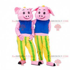 2 rosa Schweinemaskottchen, bunte Schweinekostüme -