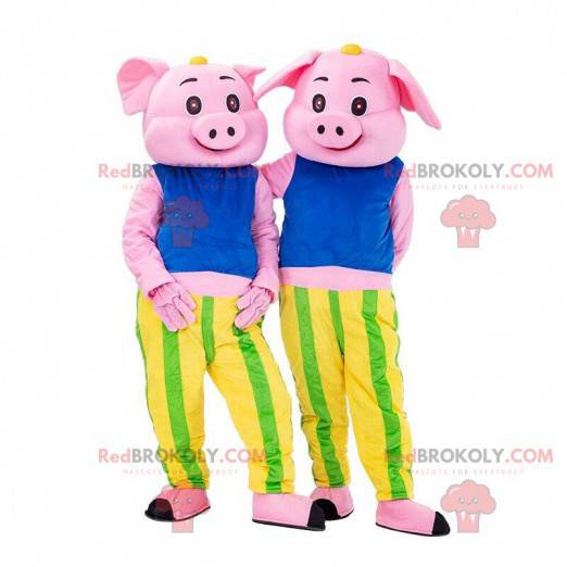 2 mascotas de cerdo rosa, coloridos disfraces de cerdo -