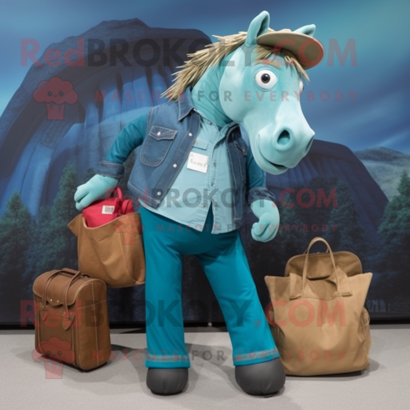 Teal Horse mascot costume character dressed with a Chambray Shirt and Wallets