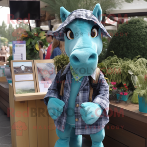 Teal Horse mascot costume character dressed with a Chambray Shirt and Wallets