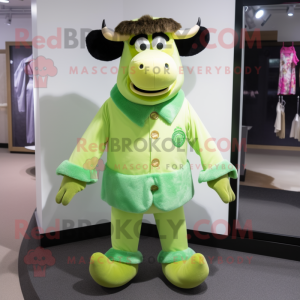 Lime Green Beef Stroganoff mascot costume character dressed with a Playsuit and Cufflinks