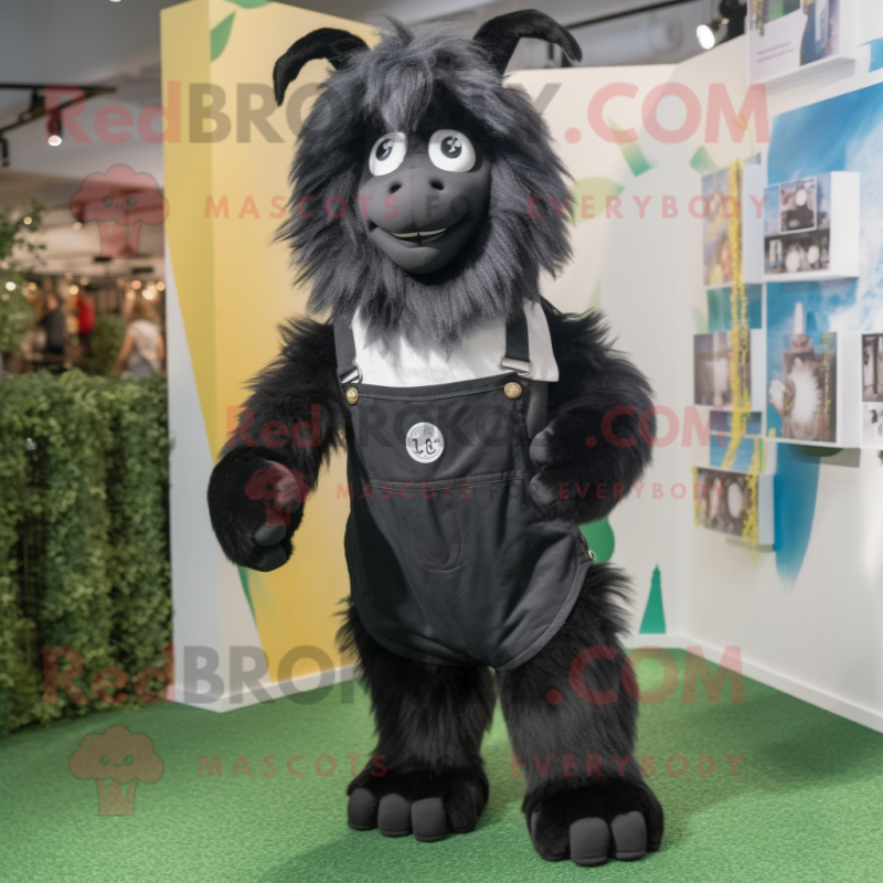 Black Angora Goat mascot costume character dressed with a Shorts and Suspenders Black Angora Goat mascot costume character dressed with a Shorts and Suspenders
