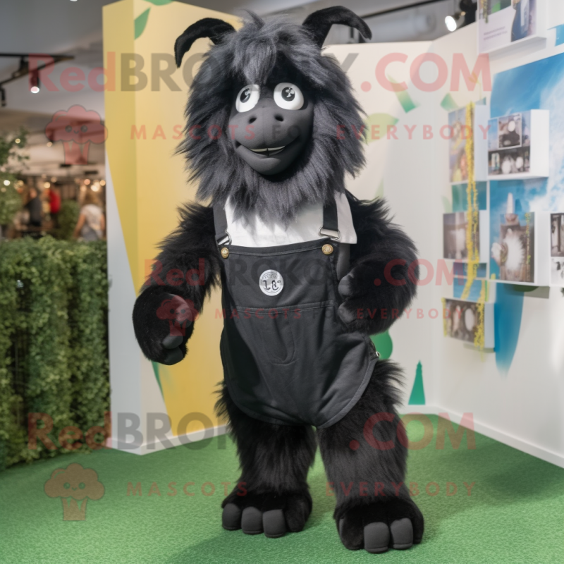 Black Angora Goat mascot costume character dressed with a Shorts and Suspenders